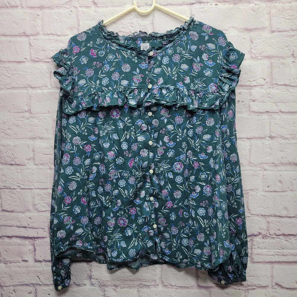 GAP Floral Ruffle‎ Peasant Blouse Size XXL Long Sleeve Button Up Teal Cottage